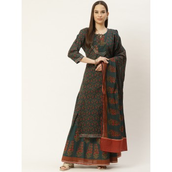 Green Floral Printed Regular Pure Cotton Kurta with Skirt & With Dupatta