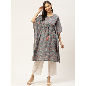 Blue & Peach-Coloured Ethnic Motifs Hand Printed Tie-Up Cotton Kaftan Kurta