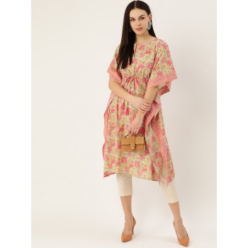 Green & Pink Ethnic Motifs Hand Printed Tie-Up Cotton Kaftan Kurta