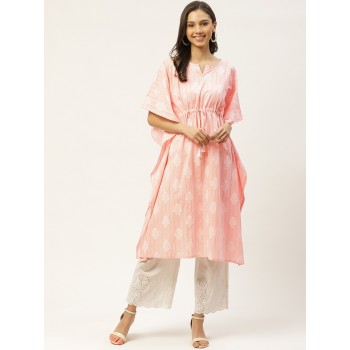 Pink & White Striped & Ethnic Motifs Hand Print Tie-Up Cotton Kaftan Kurta