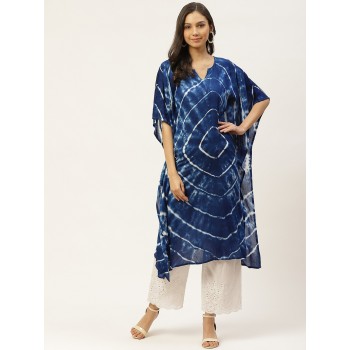 Navy Blue & White Hand Dyed Asymmetric Kaftan Kurta