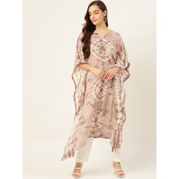 Taupe & Off White Dyed Flared Sleeves Crepe Kaftan Kurta