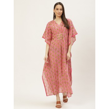 Pink & Yellow Cotton Floral Printed Kaftan Maxi Dress