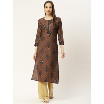 Brown & Black Floral Printed Floral Kurta