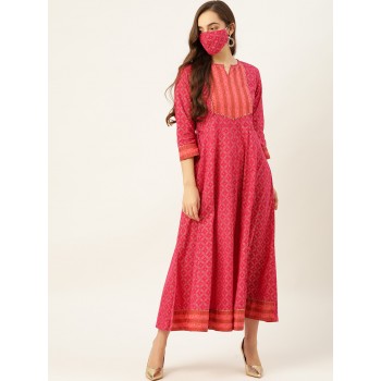 Pink & Golden Printed Gotta Patti Detail Pure Cotton Ethnic Maxi Dress